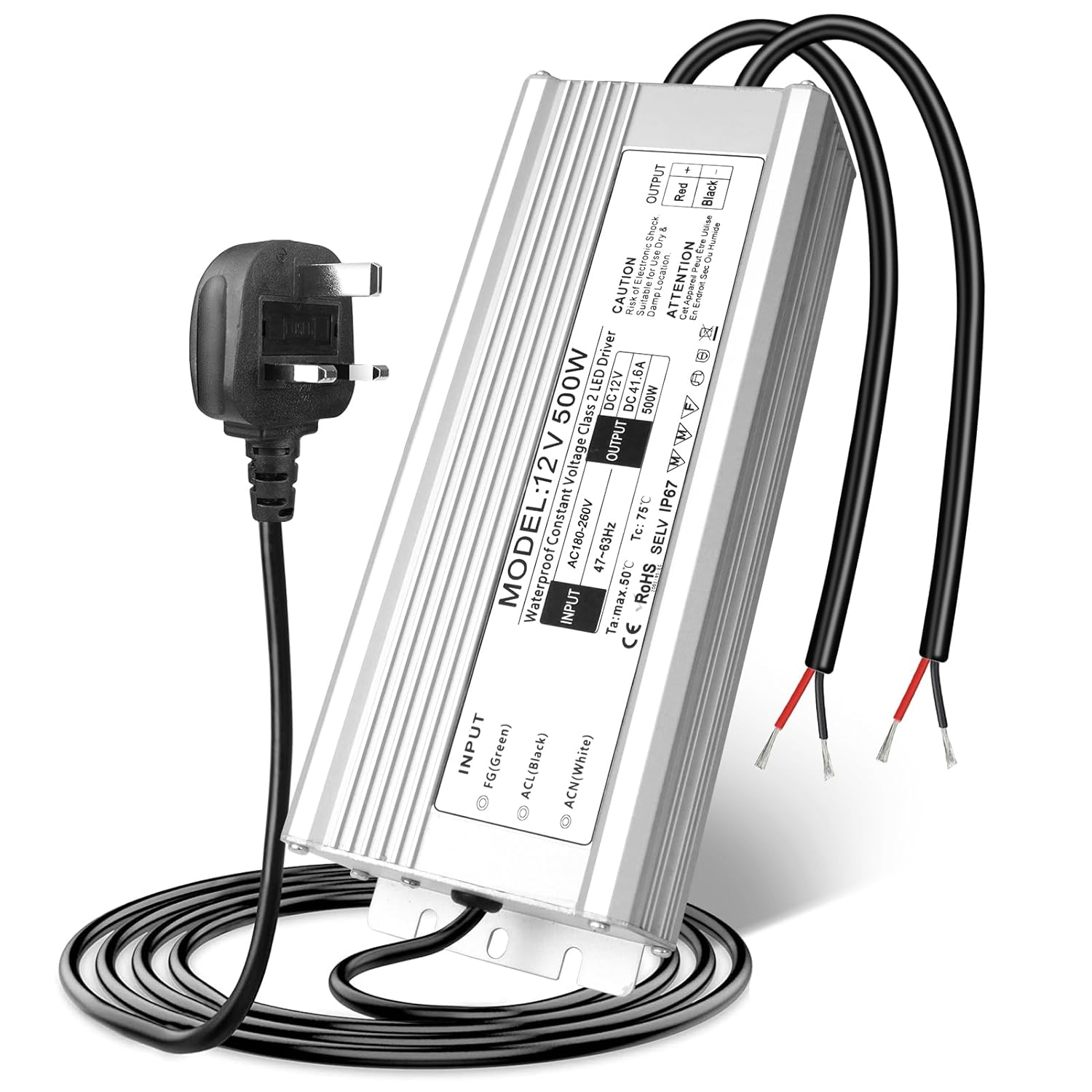 12V Waterproof LED Power Supply, 175–265V Input, 200W–500W, Single/Dual Wire Output, Outdoor LED Driver, CE/RoHS/FCC — UK/EU Plug & Wire Leads Options