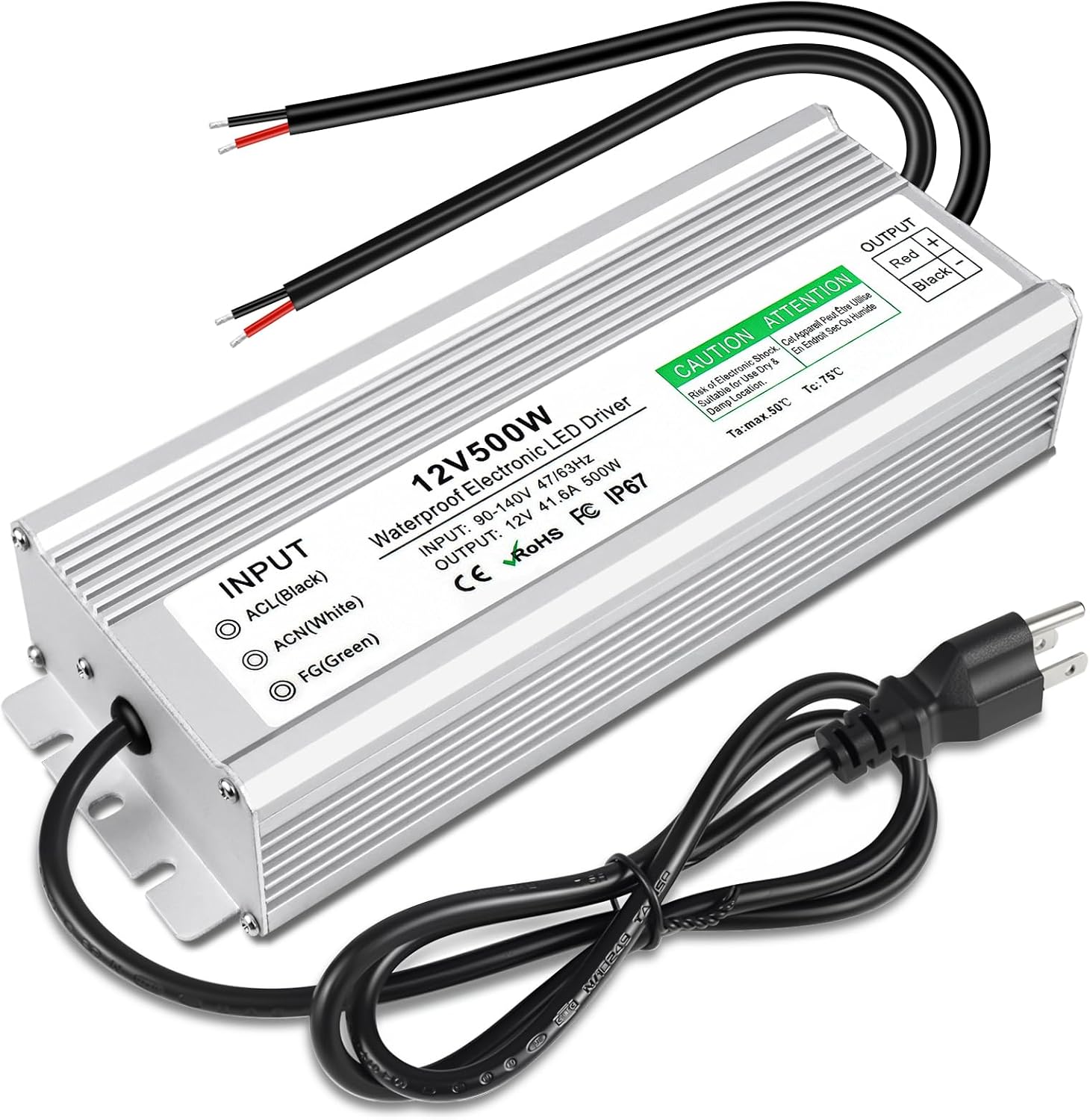 12V Waterproof LED Transformer, 90–140V Input, 200W–500W, Single/Dual Wire Output, CE/RoHS/FCC — US Plug & Wire Leads Options