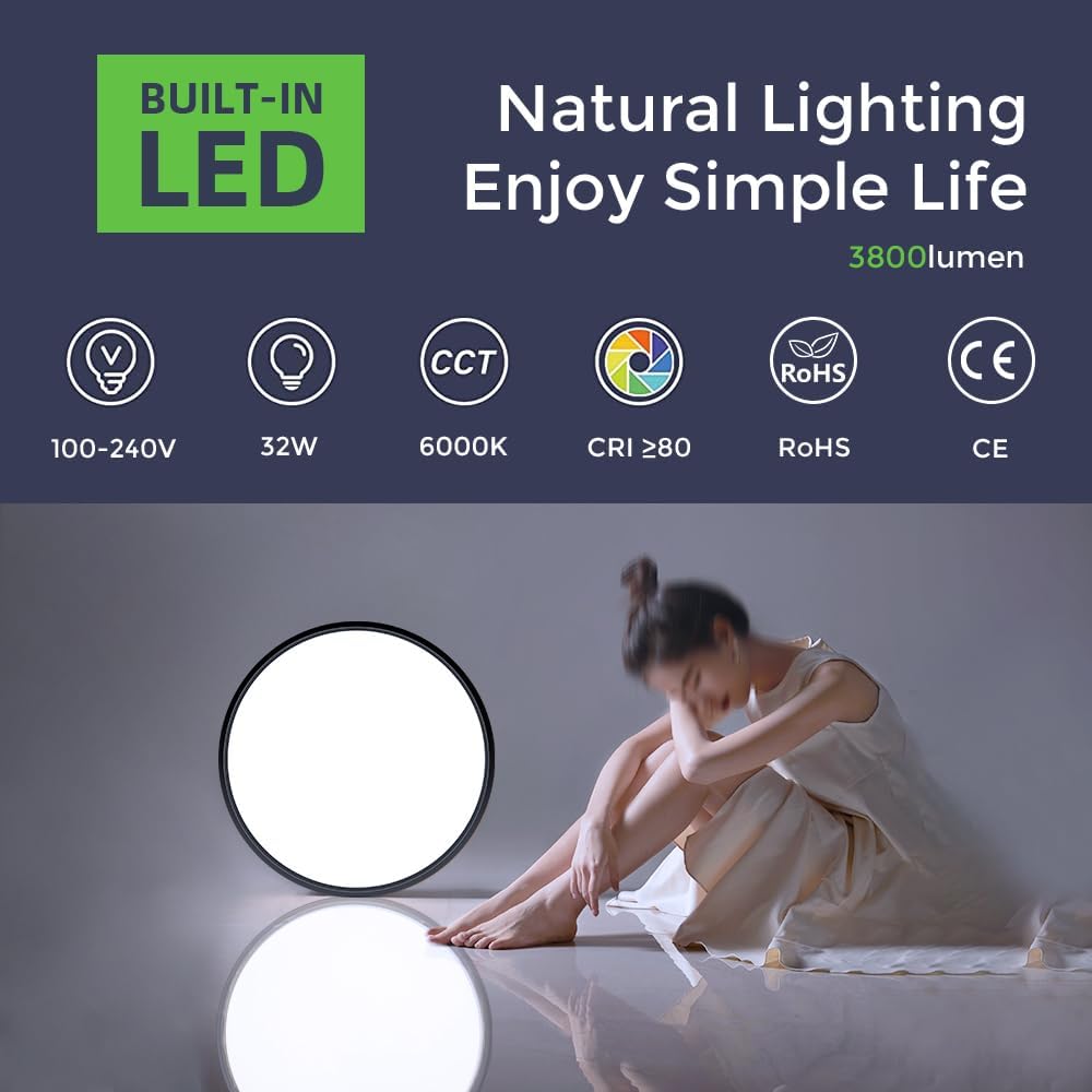 15.7 Inch Round LED Ceiling Light – 32W – Black – 3000K / 4500K / 5000K / 6500K – Flush Mount Ceiling Light for Home & Apartment Lighting – Local Stock (US/UK)