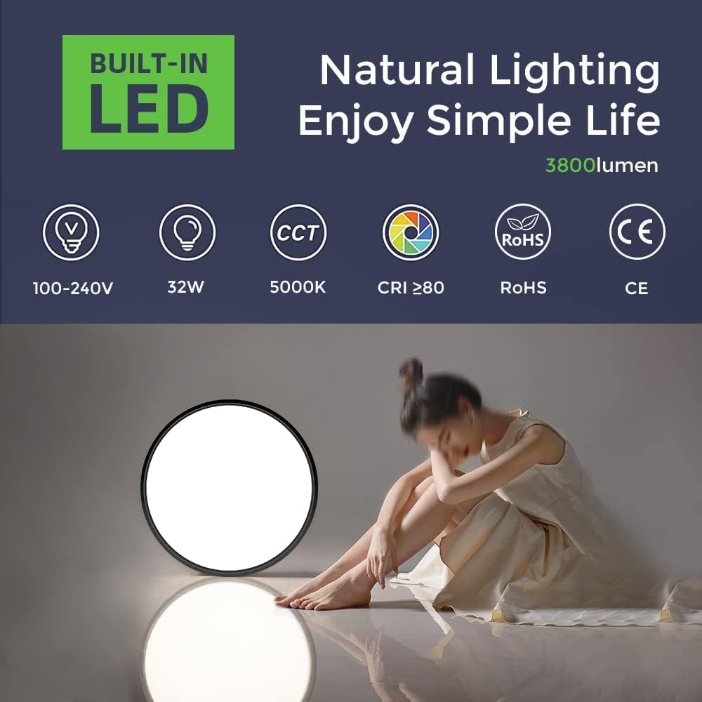 15.7 Inch Round LED Ceiling Light – 32W – Black – 3000K / 4500K / 5000K / 6500K – Flush Mount Ceiling Light for Home & Apartment Lighting – Local Stock (US/UK)