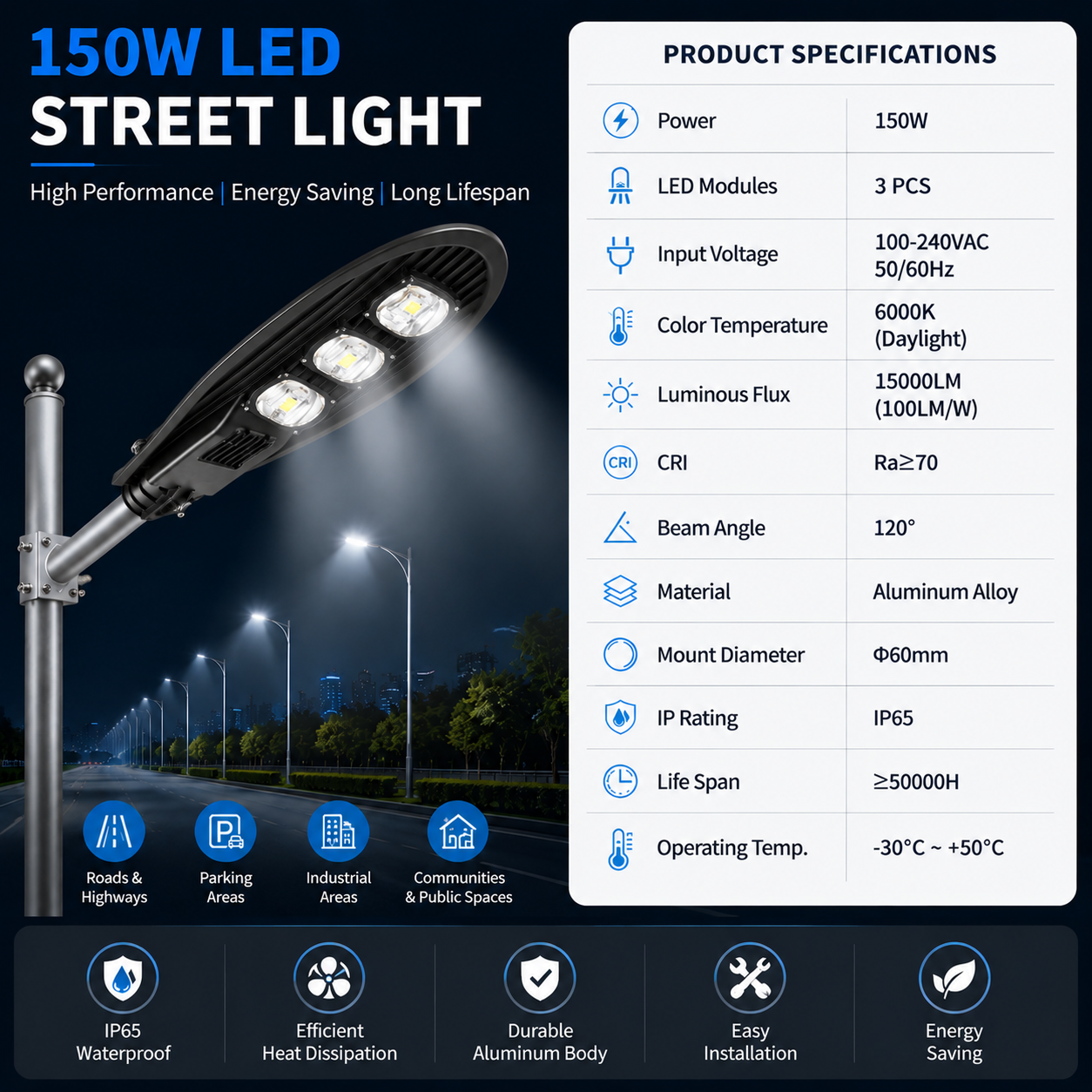 150W IP65 Wasserdichte LED-Mastleuchte für LED-Straßenbeleuchtung Reinweiß 6500K