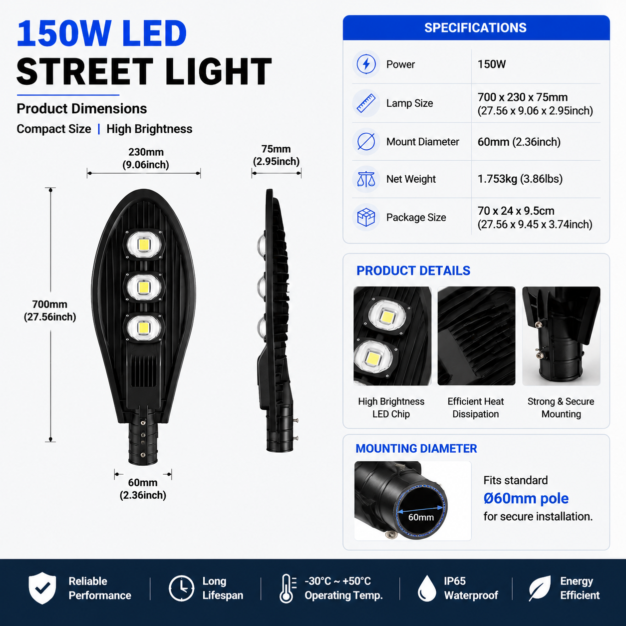150W IP65 Wasserdichte LED-Mastleuchte für LED-Straßenbeleuchtung Reinweiß 6500K