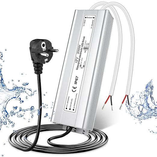 12V Waterproof LED Power Supply, 175–265V Input, 200W–500W, Single/Dual Wire Output, Aluminum Housing, Outdoor LED Driver, CE/RoHS/FCC — UK/EU Plug & Wire Leads Options
