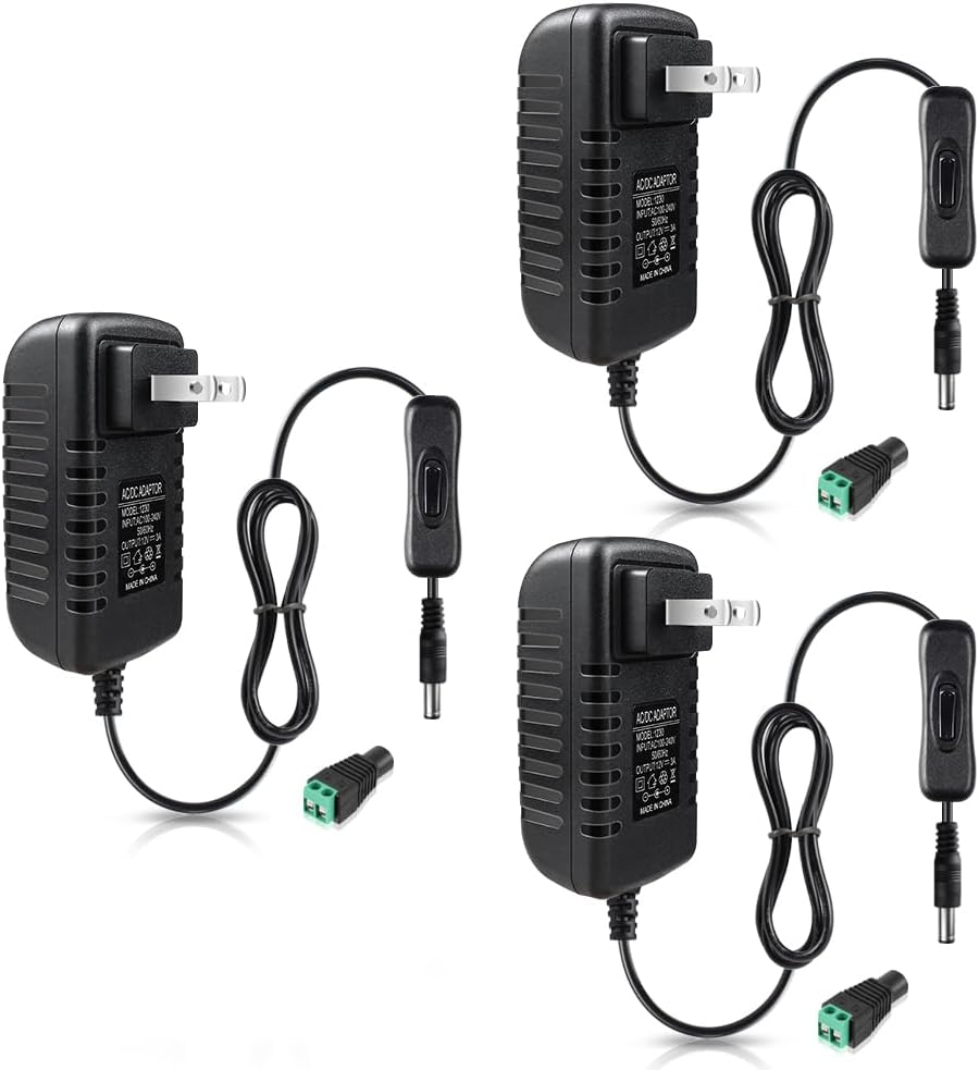 DC 12V Power Supply Adapter with On/Off Switch, 12W/24W/36W Options, US Plug, Black/White Housing, 100–240V AC Input, Wall Plug Charger for LED Strip Lights and Electronics