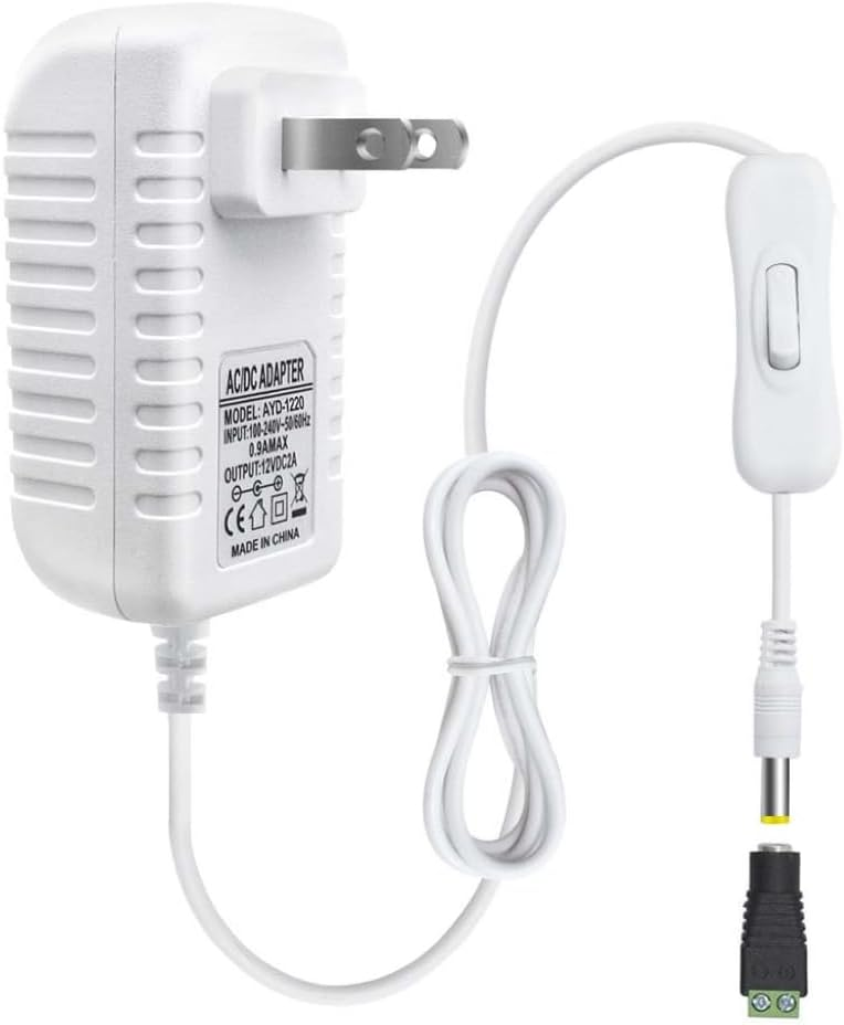 DC 12V Power Supply Adapter with On/Off Switch, 12W/24W/36W Options, US Plug, Black/White Housing, 100–240V AC Input, Wall Plug Charger for LED Strip Lights and Electronics