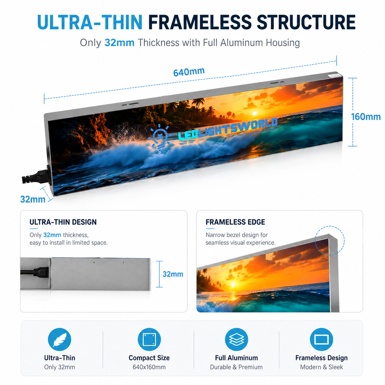 FL Series Frameless LED Shop Display – P1.86 · 160×640mm | Compact Ultra-Thin GOB Screen for Window & Wall Mounting