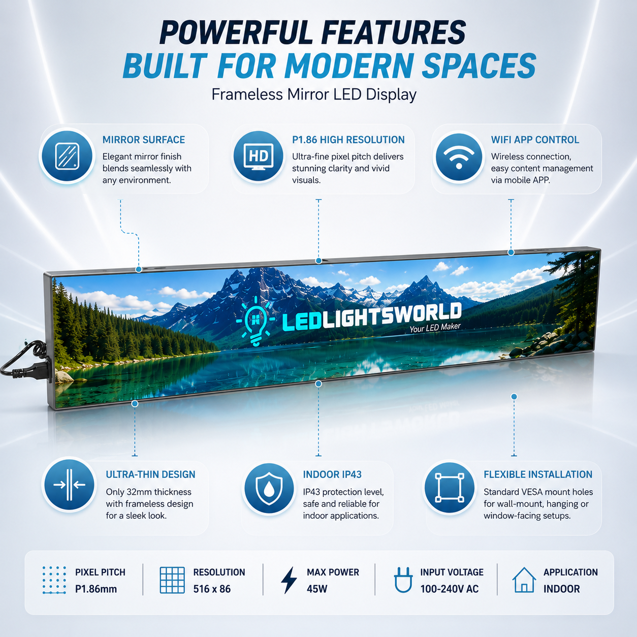 FL Series Frameless LED Shop Display – P1.86 · 160×960mm | Mirror Finish LED Screen, Seamless with Modern Shop Décor