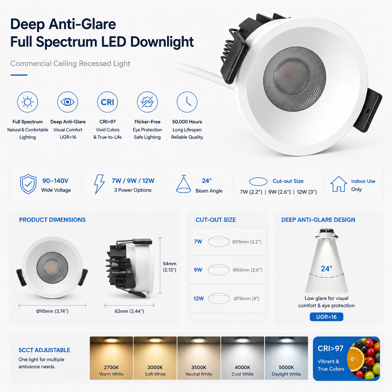 PRO-1A Series Deep Anti-Glare Full Spectrum LED Downlight | 90–140V | 4/12 Pack | 7W / 9W / 12W | 5CCT Adjustable | 24° Beam | White Housing | CRI>97 | Commercial Ceiling Recessed Light