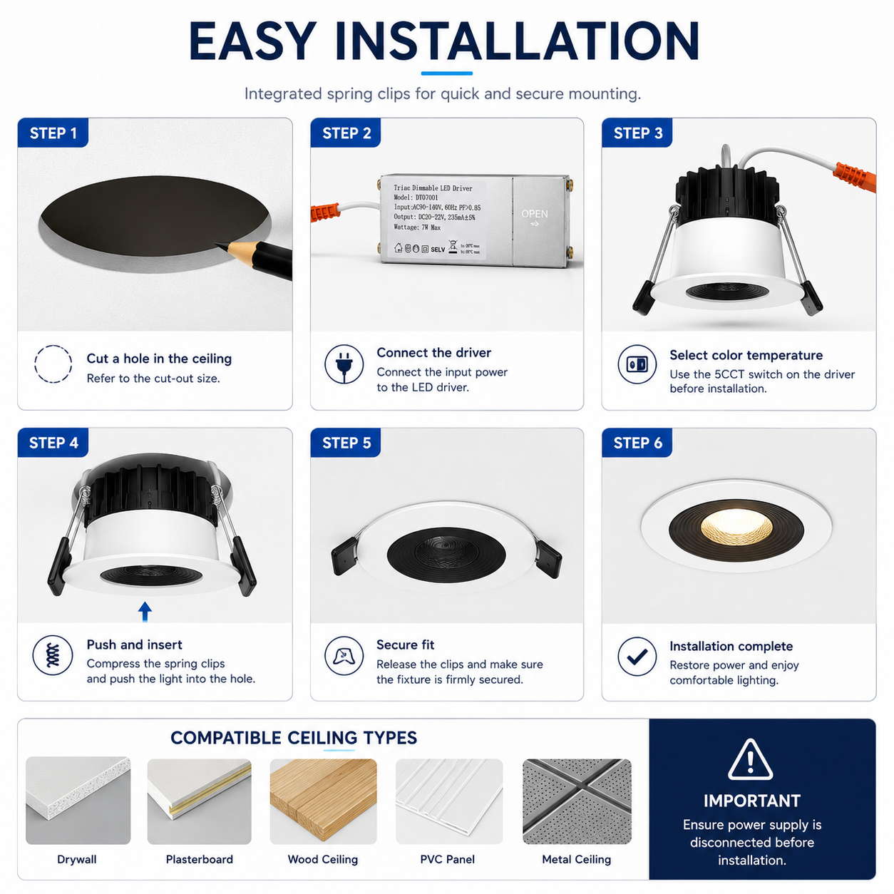 PRO-1B Series Deep Anti-Glare Full Spectrum LED Downlight | 90–140V | 4/12 Pack | 7W / 9W / 12W | 5CCT Adjustable | 24° Beam | White Housing | CRI>97 | Commercial Ceiling Recessed Light