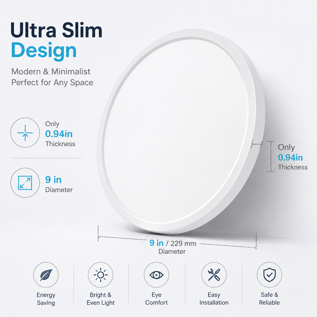 9 Inch Round LED Ceiling Light – 18W – White – 3000K / 4500K / 5000K / 6500K – Flush Mount Ceiling Light – Local Stock (UK/US)
