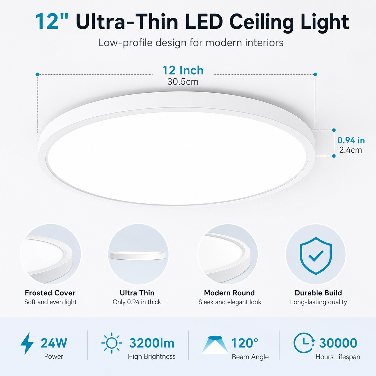 12 Inch Round LED Ceiling Light – 24W – White – 3000K / 4500K / 5000K / 6500K – Flush Mount Ceiling Light – Local Stock (US/UK)