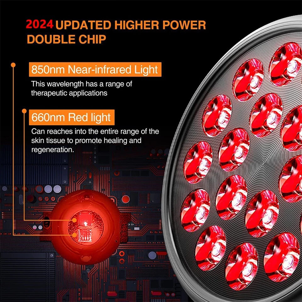 Lampe LED PAR38 à double puce 18 x 3 W, thérapie rouge, 660 nm (rouge) + 850 nm (NIR), double longueur d'onde synergique, avec support de sol évolutif et clip de table