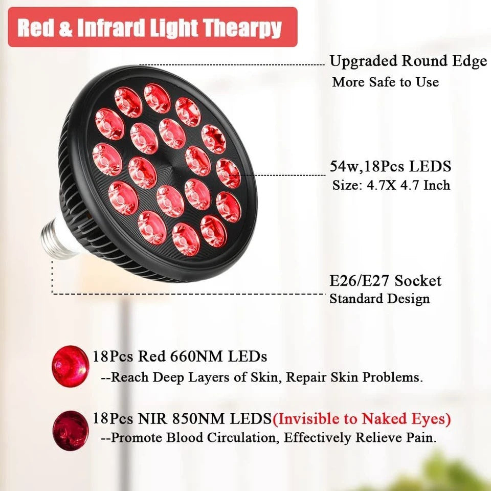 54W PAR38 Infrared Therapy LED Bulb – Dual Chip Red Light 660nm & Near Infrared 850nm | E26 / E27 Base | With / Without Desktop Clamp | US / EU Plug | Plug-In Red Light Therapy Lamp for Skin Beauty, Muscle & Joint Pain Relief