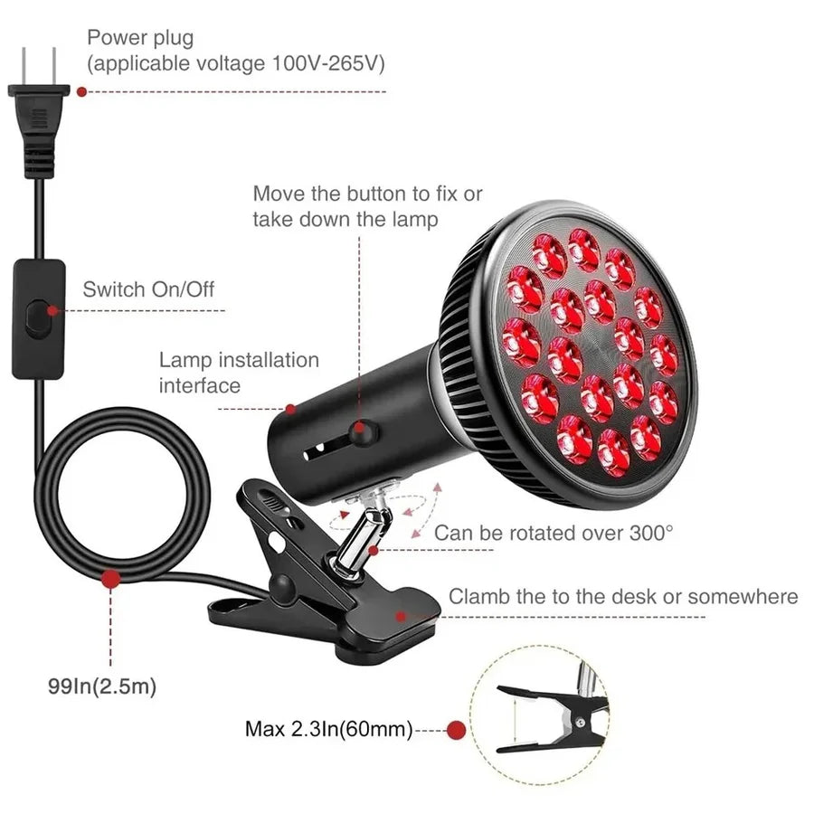 54W PAR38 Infrared Therapy LED Bulb – Dual Chip Red Light 660nm & Near Infrared 850nm | E26 / E27 Base | With / Without Desktop Clamp | US / EU Plug | Plug-In Red Light Therapy Lamp for Skin Beauty, Muscle & Joint Pain Relief