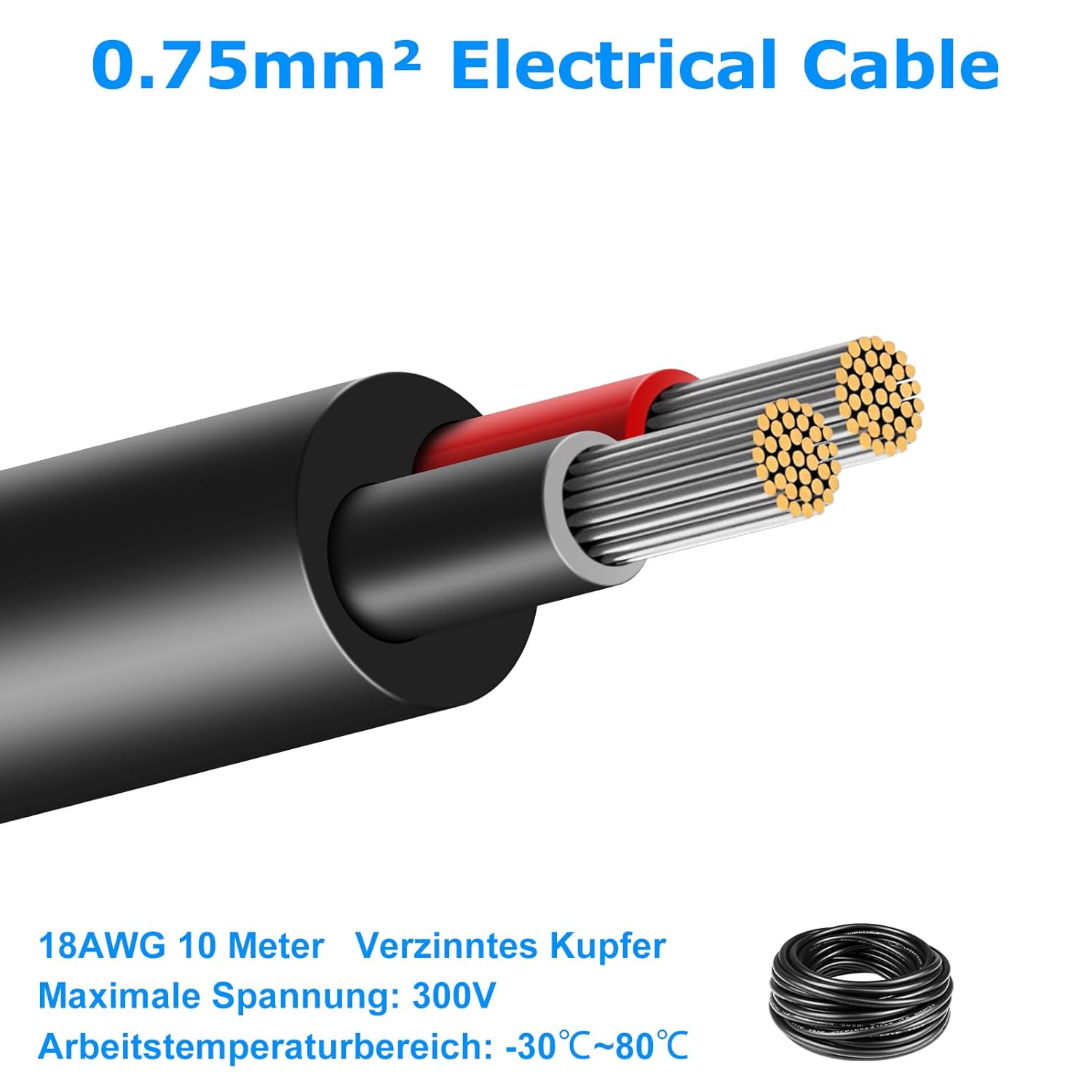 18 AWG Multi-Conductor Cable, 2/3/4/5 Core Stranded Tinned Copper Wire, Black/White PVC Jacket Extension Cord for Electrical Installations, 10/20/50m (33ft–165ft) Options