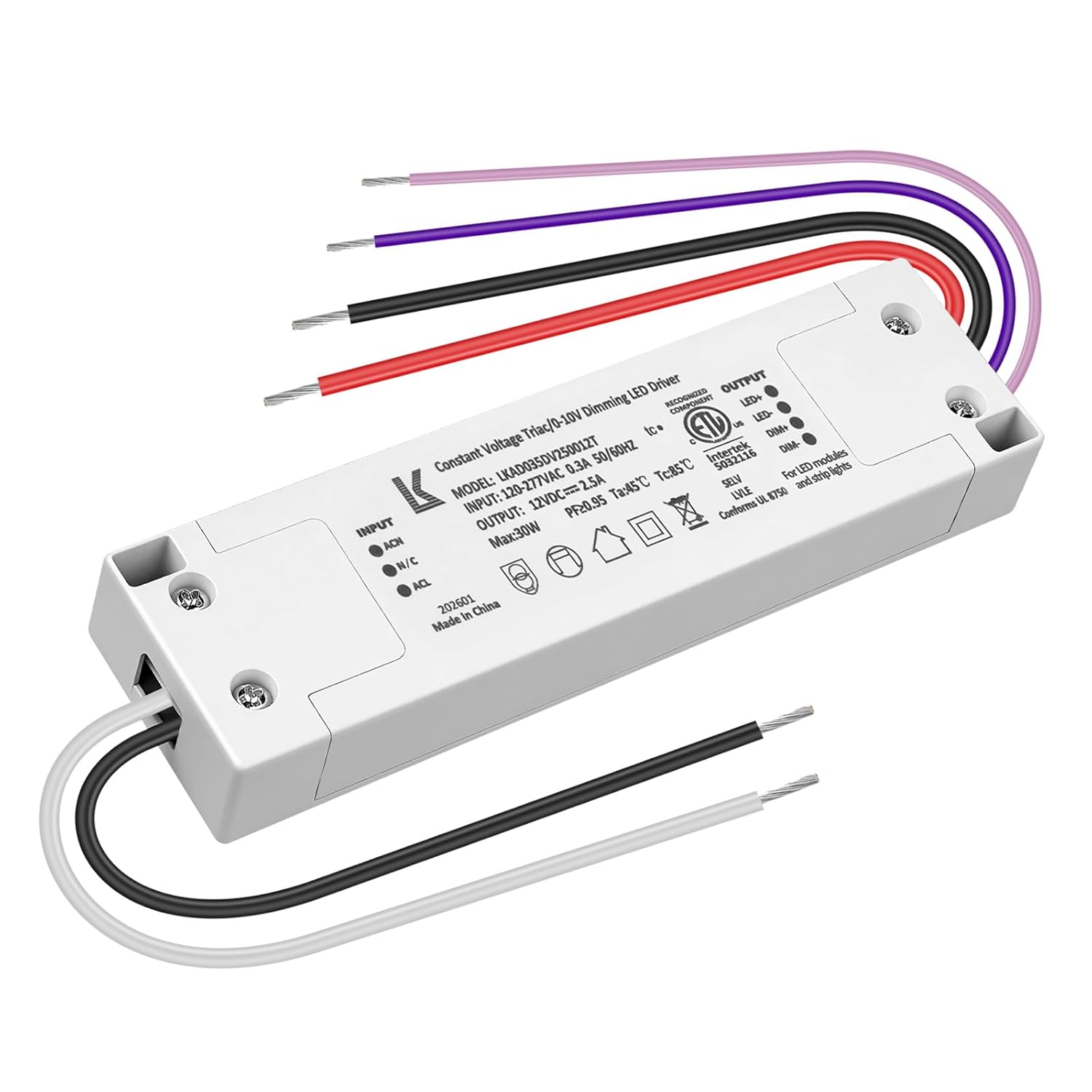 12V DC Plastic Case 5-in-1 Dimmable LED Power Supply, 30W/48W/100W, ETL Listed, AC 120–277V Input, Waterproof Driver for Traic/ELV/0-10V/PWM/Resistive Control