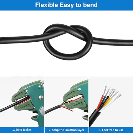 14 AWG Electrical Wire, 6/7/8 Conductor Stranded Tinned Copper Cable, Black/White PVC Multi-Core Power Cord, Flexible Control Extension Cable — 10/20/50m (33ft–165ft) Options