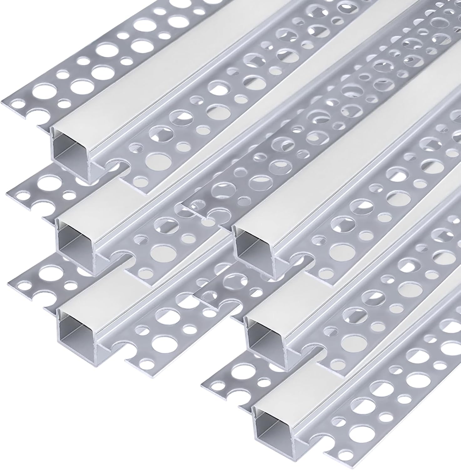 Double-Sided Plaster-in Drywall LED Aluminum Channels– Fit for 1 to 13mm LED Strip | Silver | Milky White Cover | 1 / 2 / 3 Meter | Silver | Milky White Cover | 50 / 100 -Pack