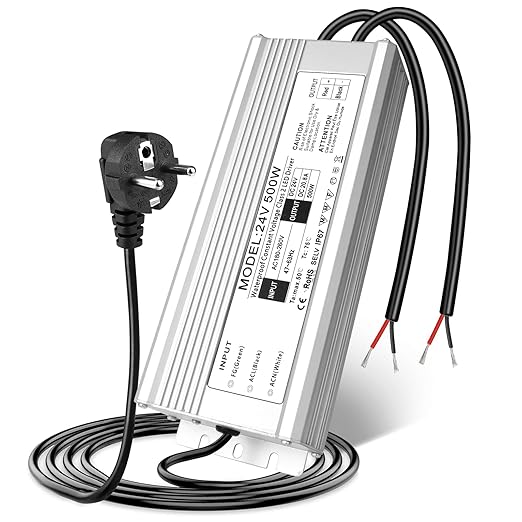 24V Waterproof LED Driver, 175–265V Input, 200W–500W, Single/Dual Wire Output, Aluminum Housing, Outdoor Power Adapter, CE/RoHS/FCC — UK/EU Plug & Wire Leads Options