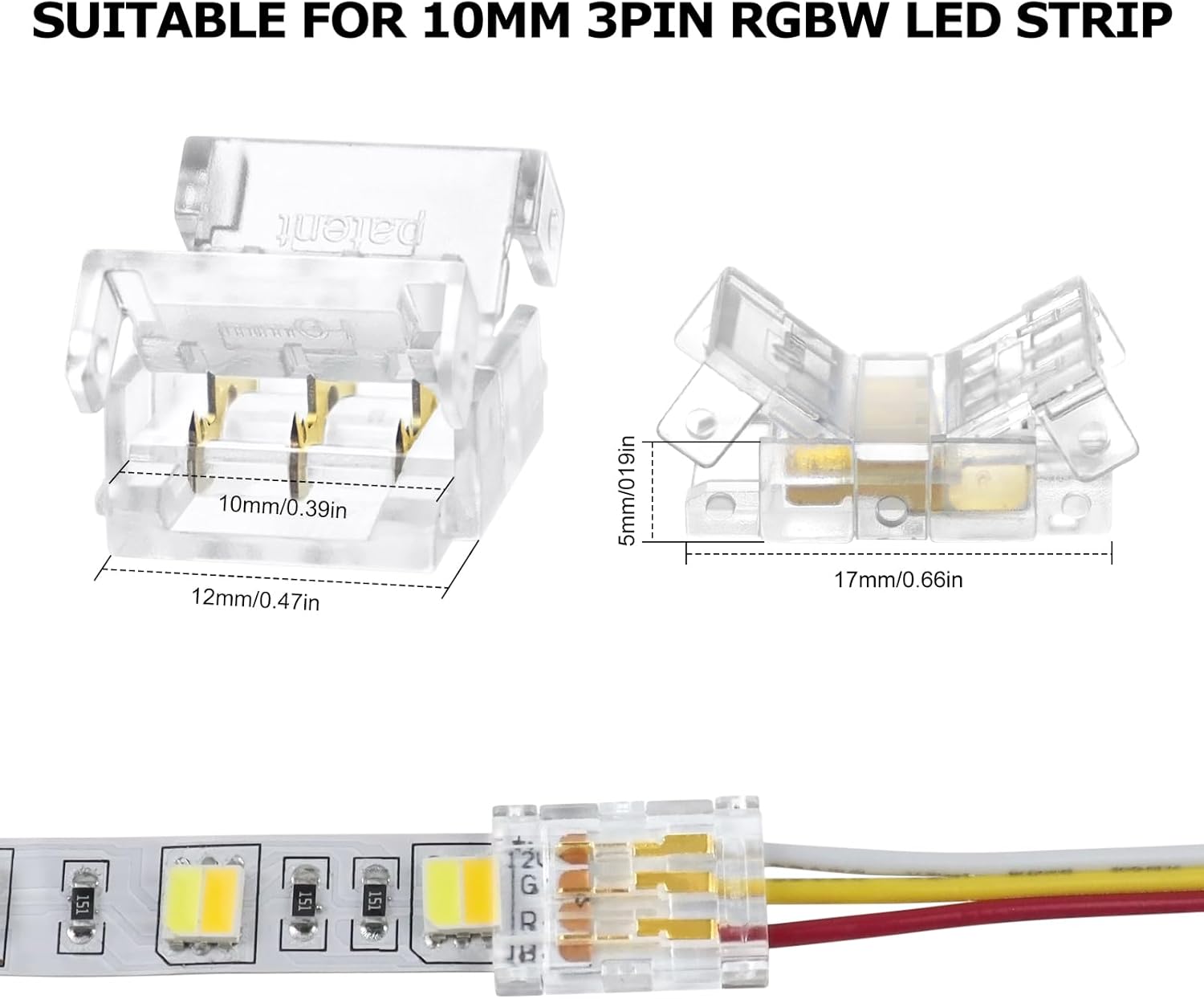 Transparent Crystal LED Strip Connectors – 10mm 3Pin Solderless Clips | Strip to Wire / Strip to Strip / DC Adapter – Bulk Wholesale 500pcs MOQ | Factory Direct