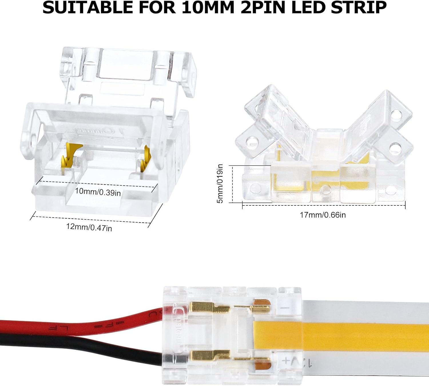 Transparent Crystal LED Strip Connectors – 10mm 2Pin Solderless Clips | Strip to Wire / Strip to Strip / DC Adapter – Bulk Wholesale 500pcs MOQ | Factory Direct