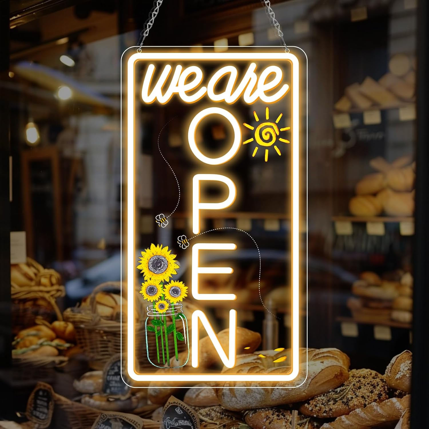 Enseigne verticale néon « Nous sommes ouverts » – Blanc chaud et éclat blanc | 43 cm x 23 cm / 58 cm x 30 cm | Suspension pour vitrine | Plug & Play pour vitrines