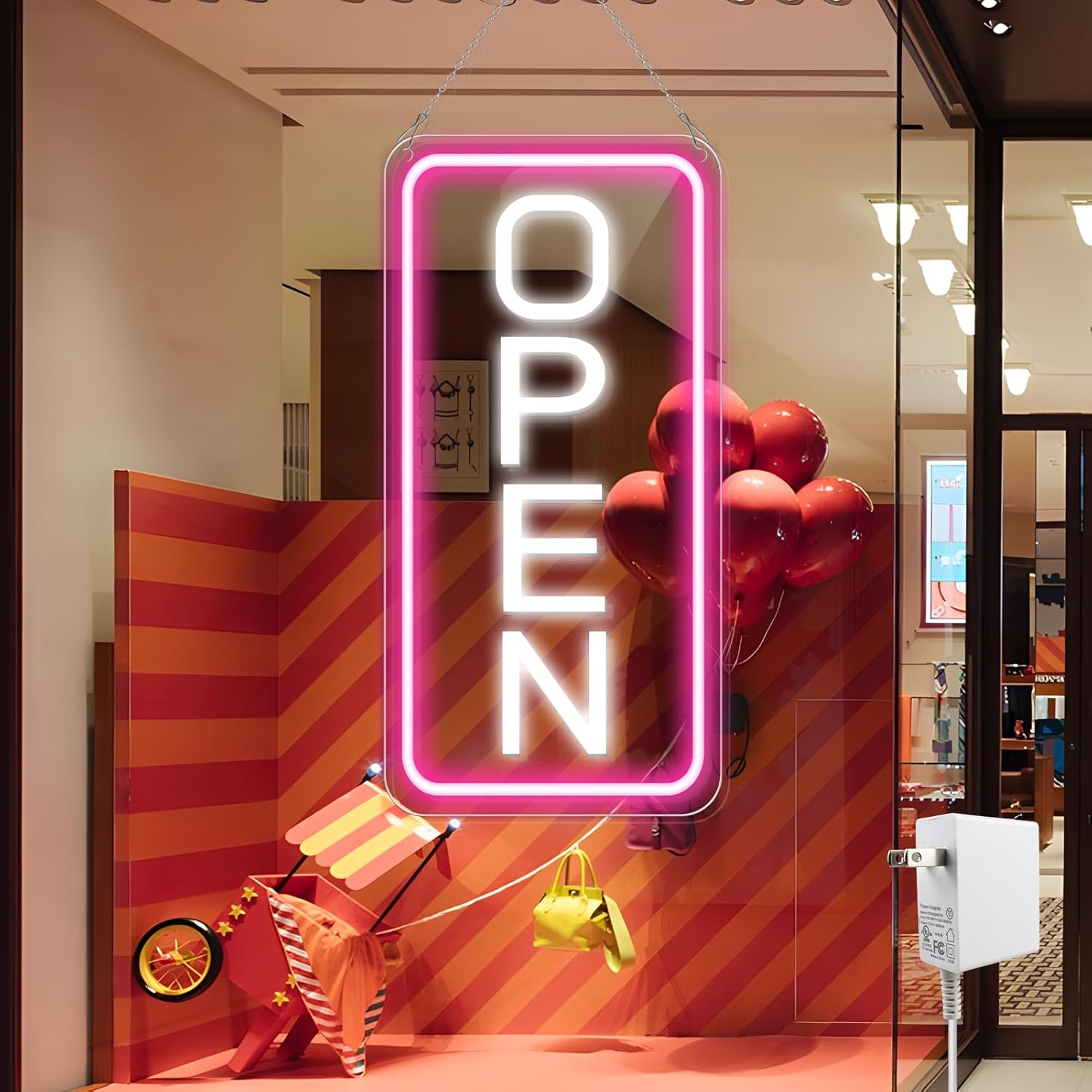 OPEN Neon LED Sign – Vertical Rectangular | 5 Glow Color Options | 16×9 / 23×12 inch | Window Hanging | Plug & Play for Storefronts