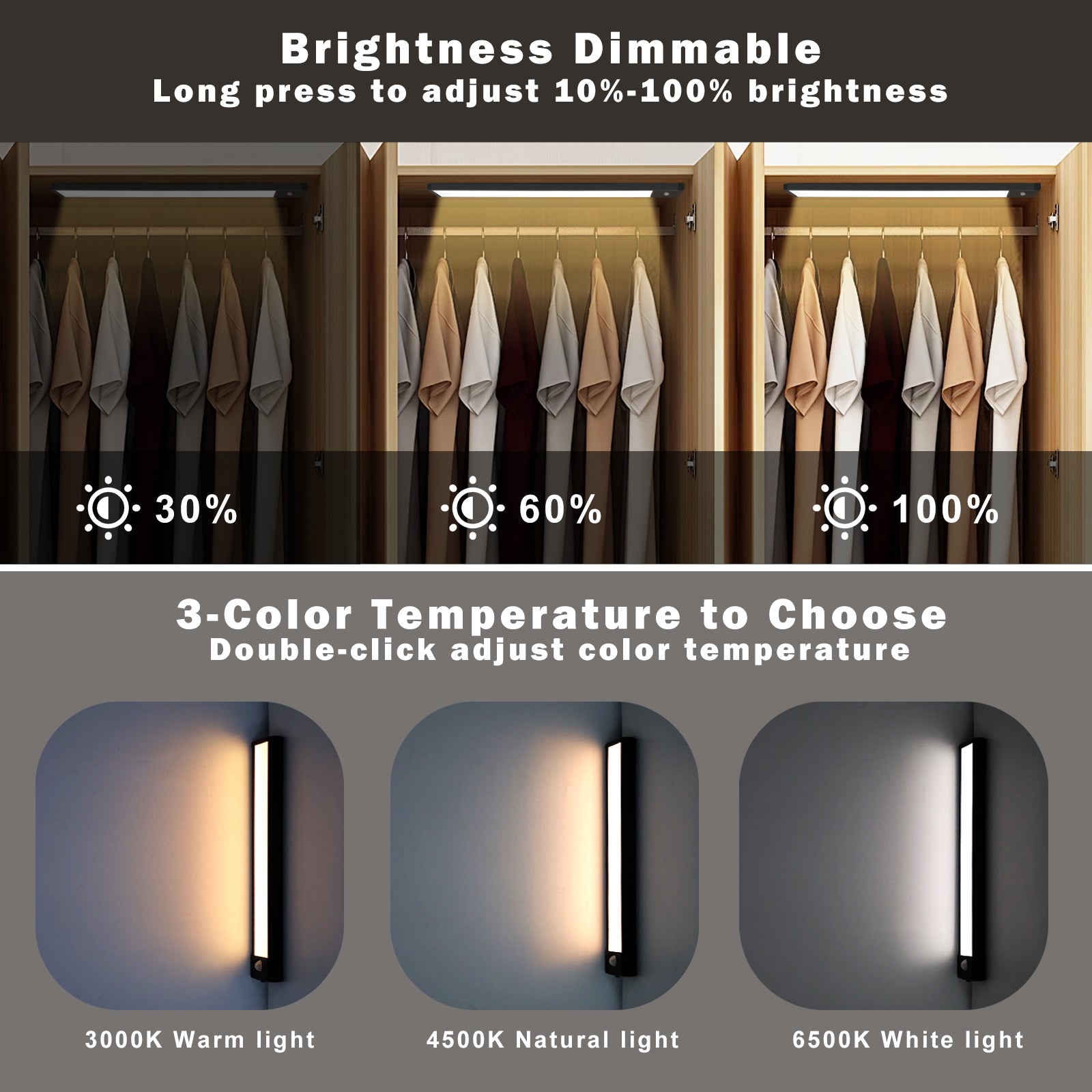 2 Pack Rechargeable Under Cabinet Light – 10” / 12.7” | 3CCT (3000K/4000K/6000K) | Motion Sensor & Touch Dimming | Slim Magnetic Design | Black Finish