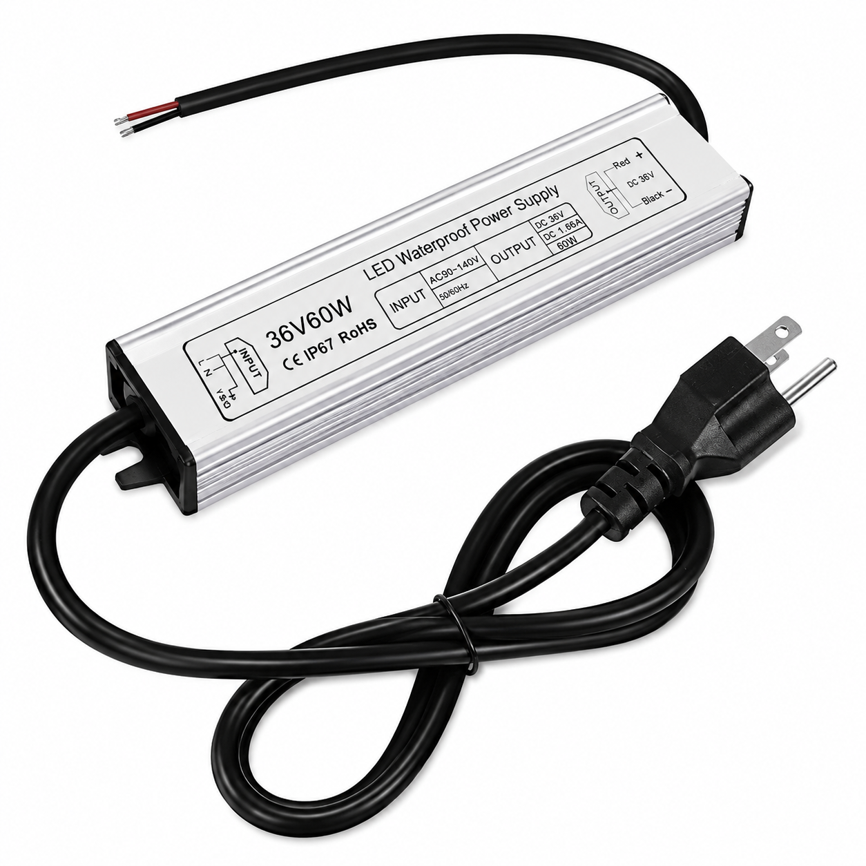36 V IP67 wasserdichtes LED-Netzteil (Treiber) 60 W/80 W, 90–265 V AC-Eingang, Einzeldrahtausgang, LED-Treiber für den Außenbereich, CE/RoHS/FCC – US/UK/EU-Stecker und Kabelleitungen (3-adrig)