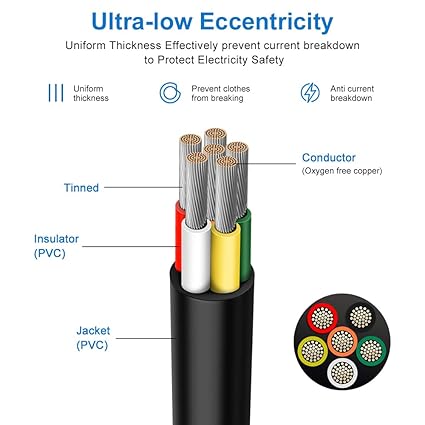 14 AWG Electrical Wire, 6/7/8 Conductor Stranded Tinned Copper Cable, Black/White PVC Multi-Core Power Cord, Flexible Control Extension Cable — 10/20/50m (33ft–165ft) Options