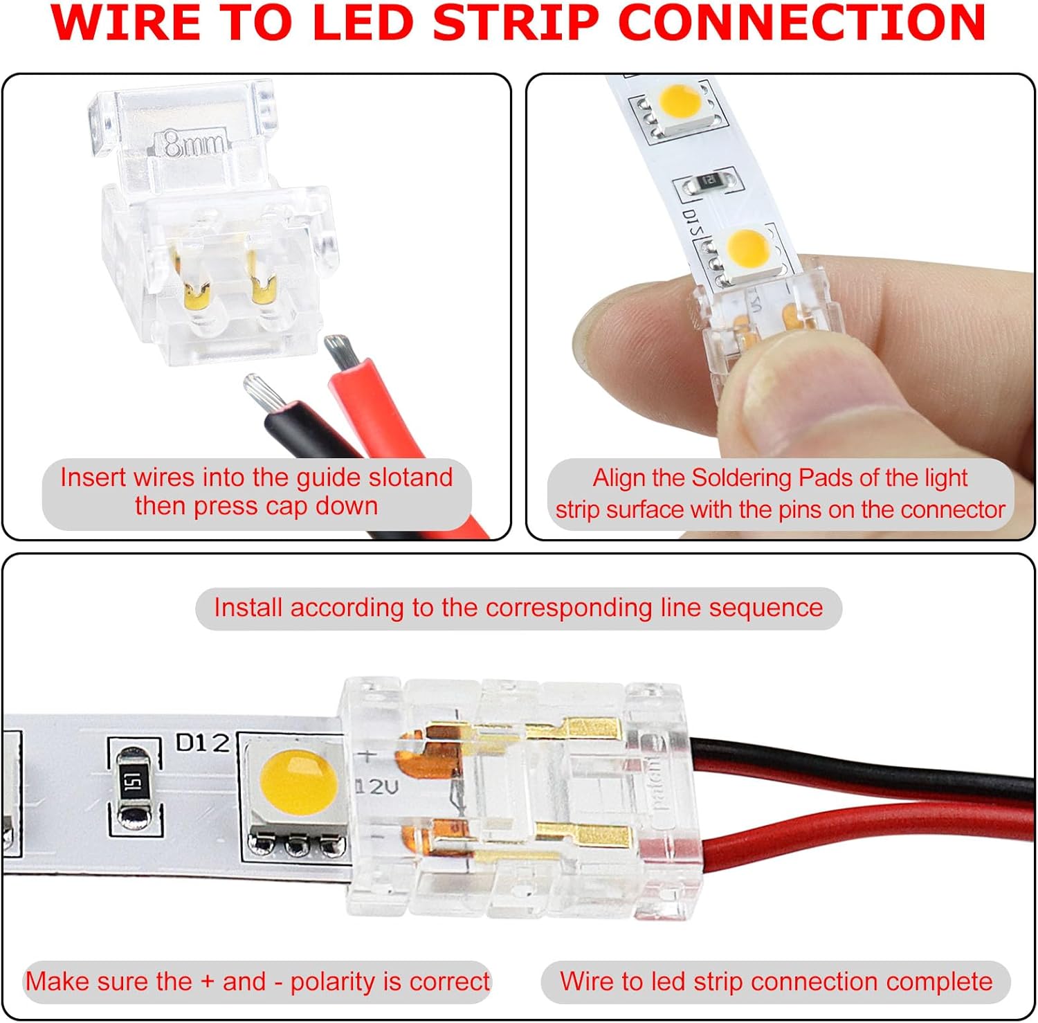 Transparent Crystal LED Strip Connectors – 8mm 2Pin Solderless Clips | Strip to Wire / Strip to Strip / DC Adapter / L – Local Stock US/UK