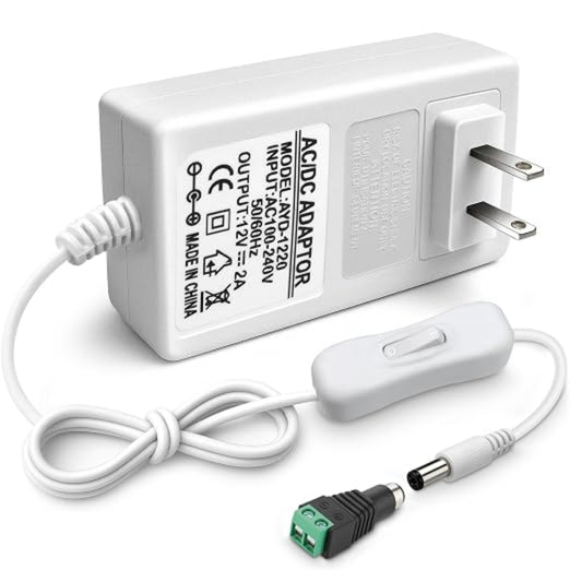 DC 12V Power Supply Adapter with On/Off Switch, 24W/36W Options, US Plug, White Housing, 100–240V AC Input, Wall Plug Charger for LED Strip Lights and Electronics