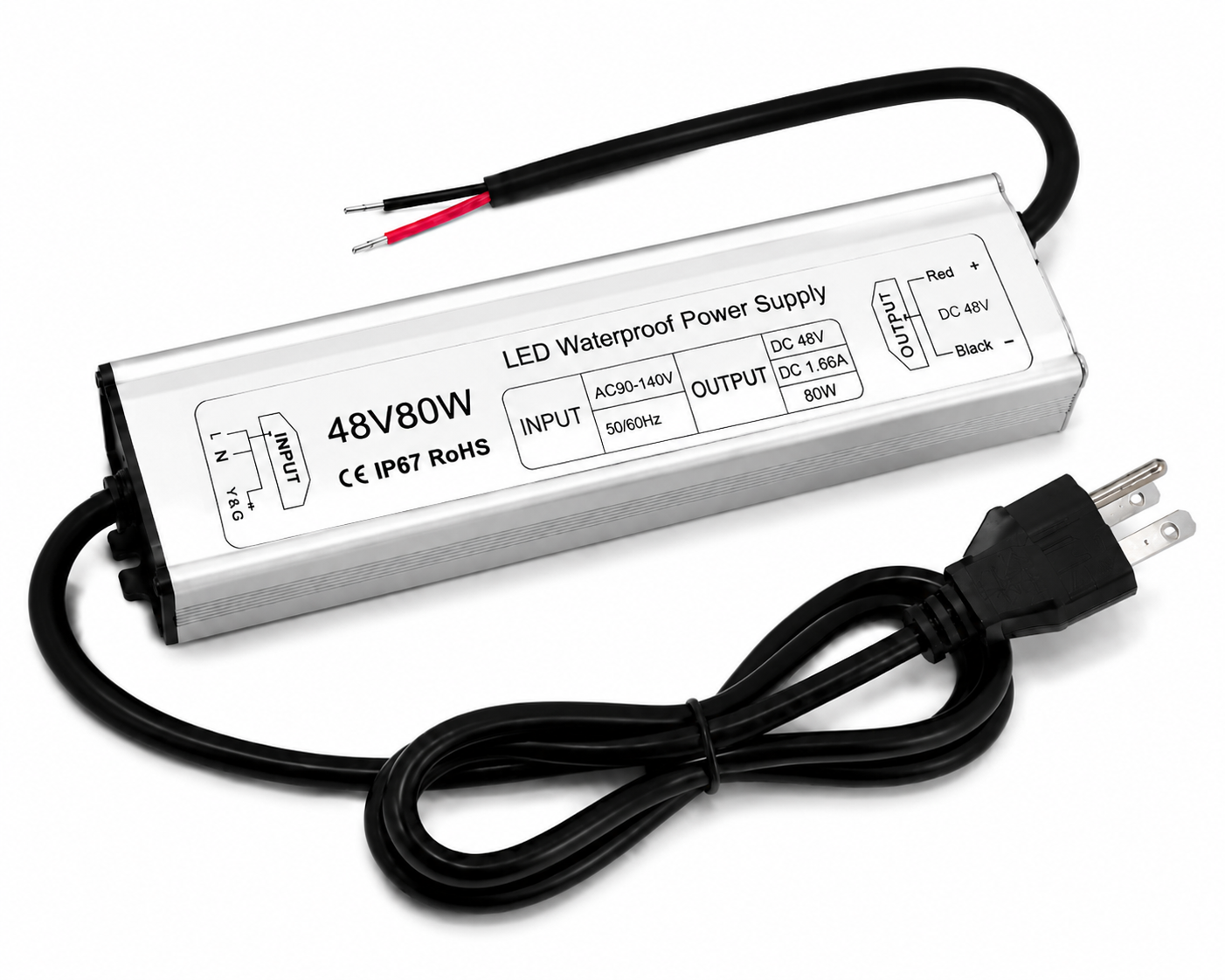Wasserdichtes 48-V-LED-Netzteil 60–80 W, 90–265 V AC-Eingang, Transformator mit Einzelausgang, IP67 SMPS, CE/RoHS/FCC – Optionen für US-/UK-/EU-Stecker und Kabel