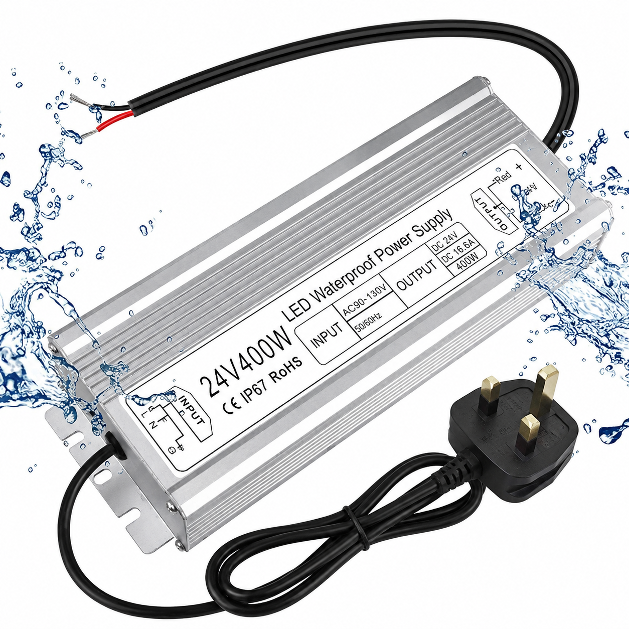 24V Waterproof LED Driver, 175–265V Input, 200W–500W, Single/Dual Wire Output, Aluminum Housing, Outdoor Power Adapter, CE/RoHS/FCC — UK/EU Plug & Wire Leads Options