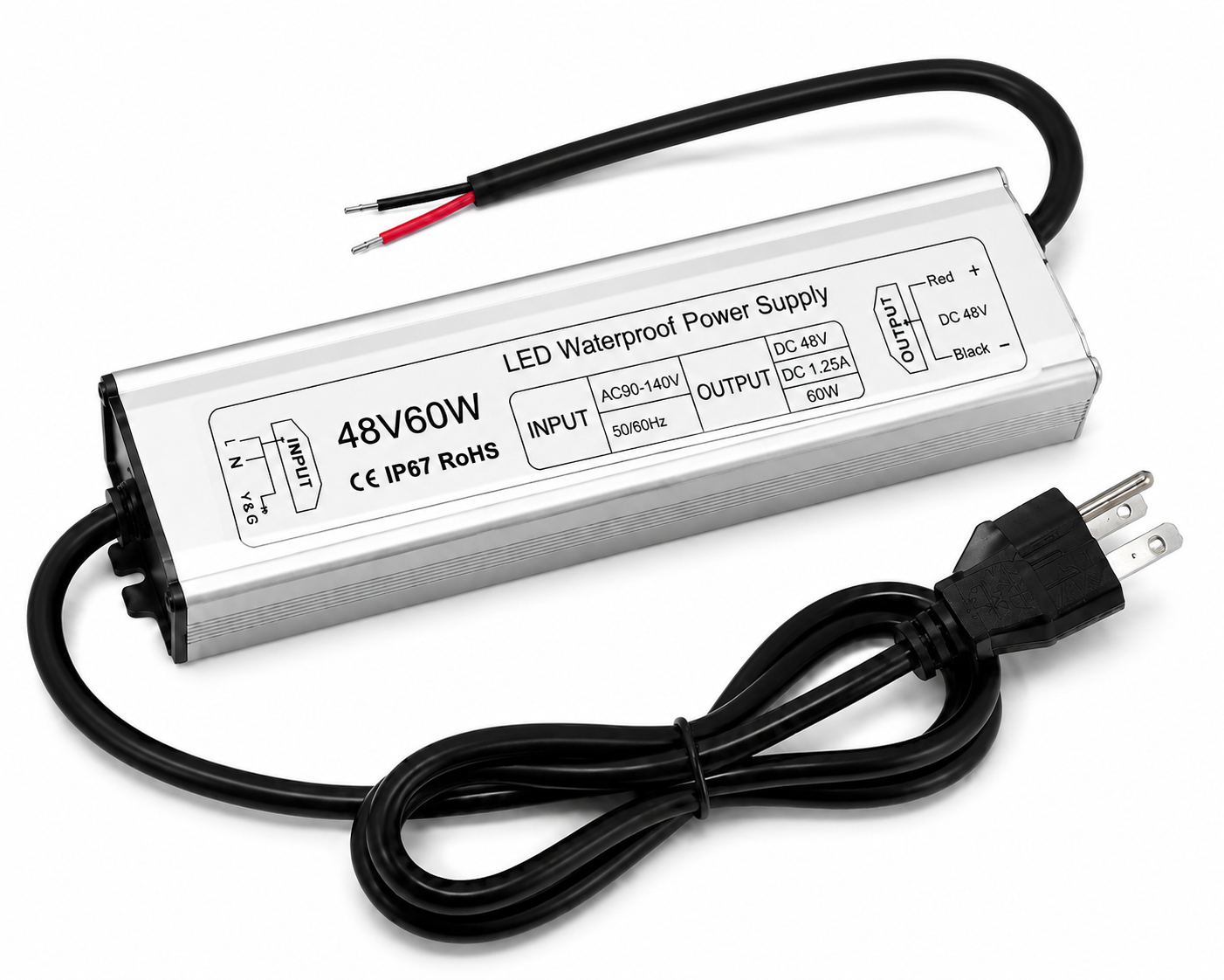 Wasserdichtes 48-V-LED-Netzteil 60–80 W, 90–265 V AC-Eingang, Transformator mit Einzelausgang, IP67 SMPS, CE/RoHS/FCC – Optionen für US-/UK-/EU-Stecker und Kabel