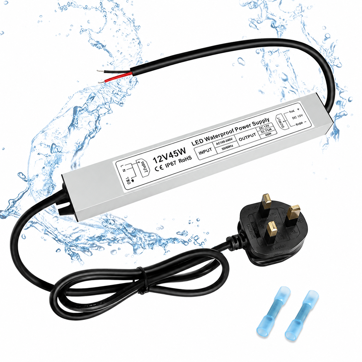 12V Waterproof LED Power Supply 30W–280W, 90–265V Input, Single/Dual Wire Output, Aluminum Housing, Outdoor LED Driver, CE/RoHS/FCC —US/UK/EU Plug & Wire Leads Options