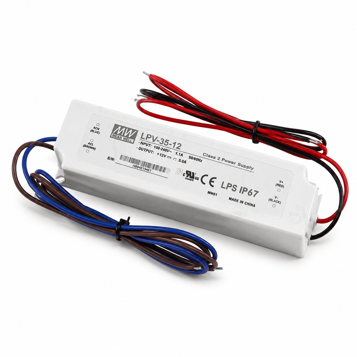 MEANWELL LPV Series IP67 Waterproof Switching Power Supply - 12V / 24V DC Output Voltage | 35W / 60W / 100W / 150W | AC90-264V | IP67 Waterproof | Plastic Housing | UL / CE Certified