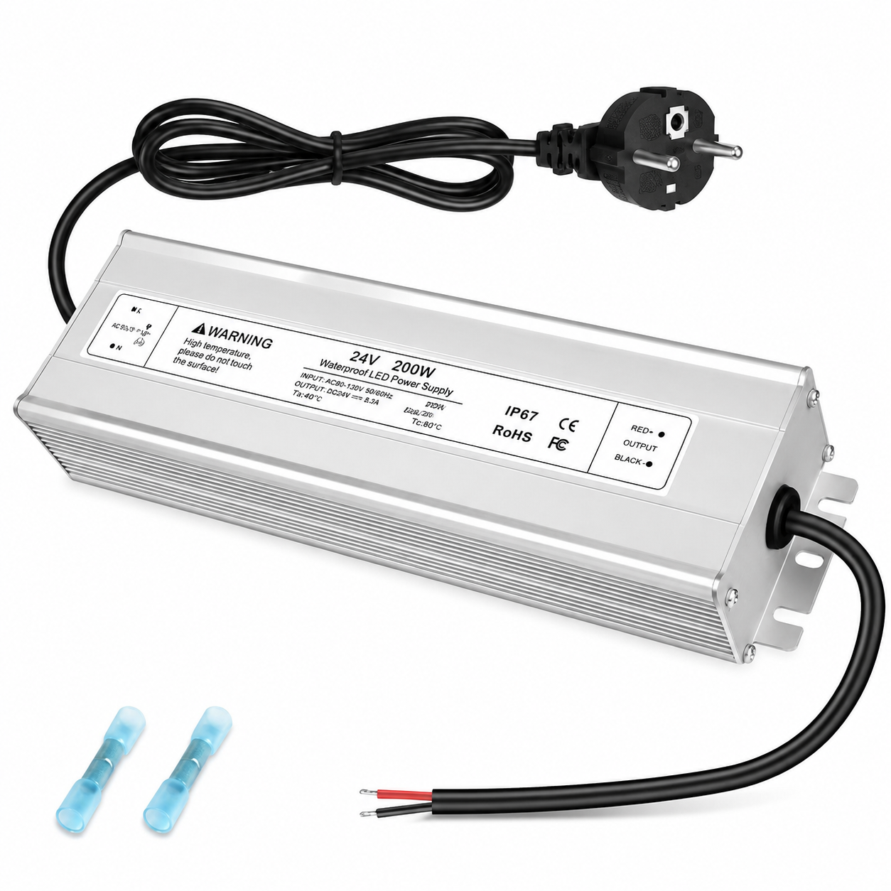 24V Waterproof LED Driver, 175–265V Input, 200W–500W, Single/Dual Wire Output, Aluminum Housing, Outdoor Power Adapter, CE/RoHS/FCC — UK/EU Plug & Wire Leads Options
