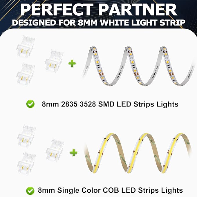 Transparent Crystal LED Strip Connectors – 8mm 2Pin Solderless Clips | Strip to Wire / Strip to Strip / DC Adapter / L – Bulk Wholesale 500pcs MOQ | Factory Direct