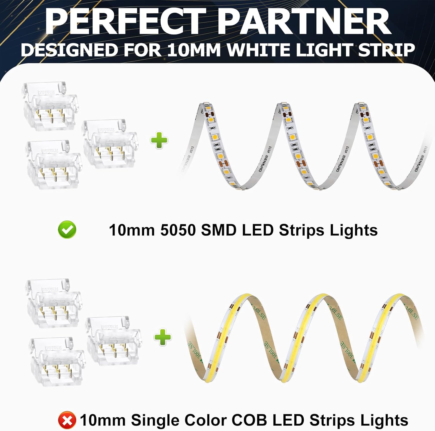Transparent Crystal LED Strip Connectors – 10mm 3Pin Solderless Clips | Strip to Wire / Strip to Strip / DC Adapter – Bulk Wholesale 500pcs MOQ | Factory Direct