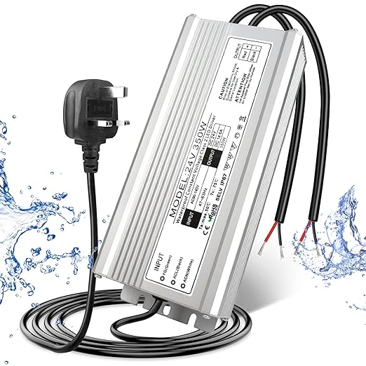 24V Waterproof LED Driver, 175–265V Input, 200W–500W, Single/Dual Wire Output, Aluminum Housing, Outdoor Power Adapter, CE/RoHS/FCC — UK/EU Plug & Wire Leads Options