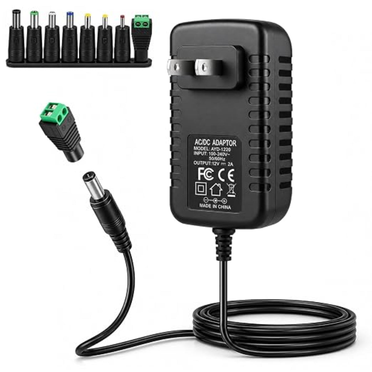 12V 24W Wall Plug Power Supply - AC 100-240V Input, Black Housing with US Plug for LED Strip Lights, Router and Electronic Devices