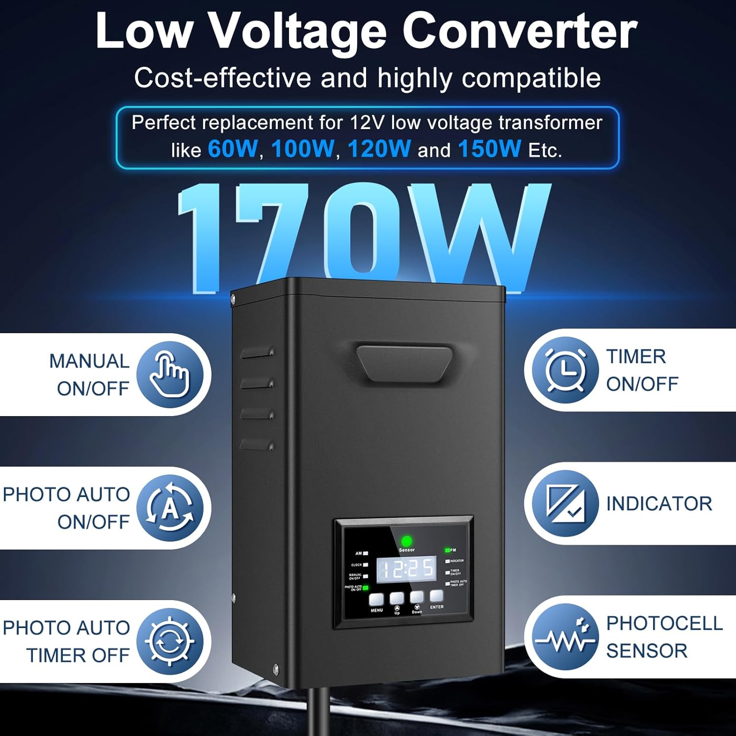 Transformateur basse tension 150 W/170 W avec minuterie et cellule photoélectrique, alimentation extérieure 120 V CA vers 12 V/15 V CA pour éclairage de jardin et d'allée.