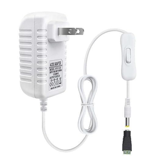 DC 12V Power Supply Adapter with On/Off Switch, 12W/24W/36W Options, US Plug, White Housing, 100–240V AC Input, Wall Plug Charger for LED Strip Lights and Electronics