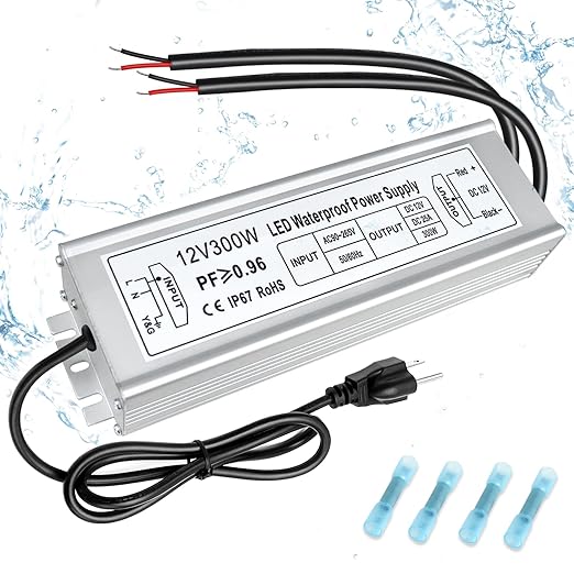 12V Waterproof LED Power Supply 300W, 90–265V Input, Single/Dual/Triple Wire Output, Aluminum Housing, Outdoor LED Driver, CE/RoHS/FCC —US/UK/EU Plug & Wire Leads Options