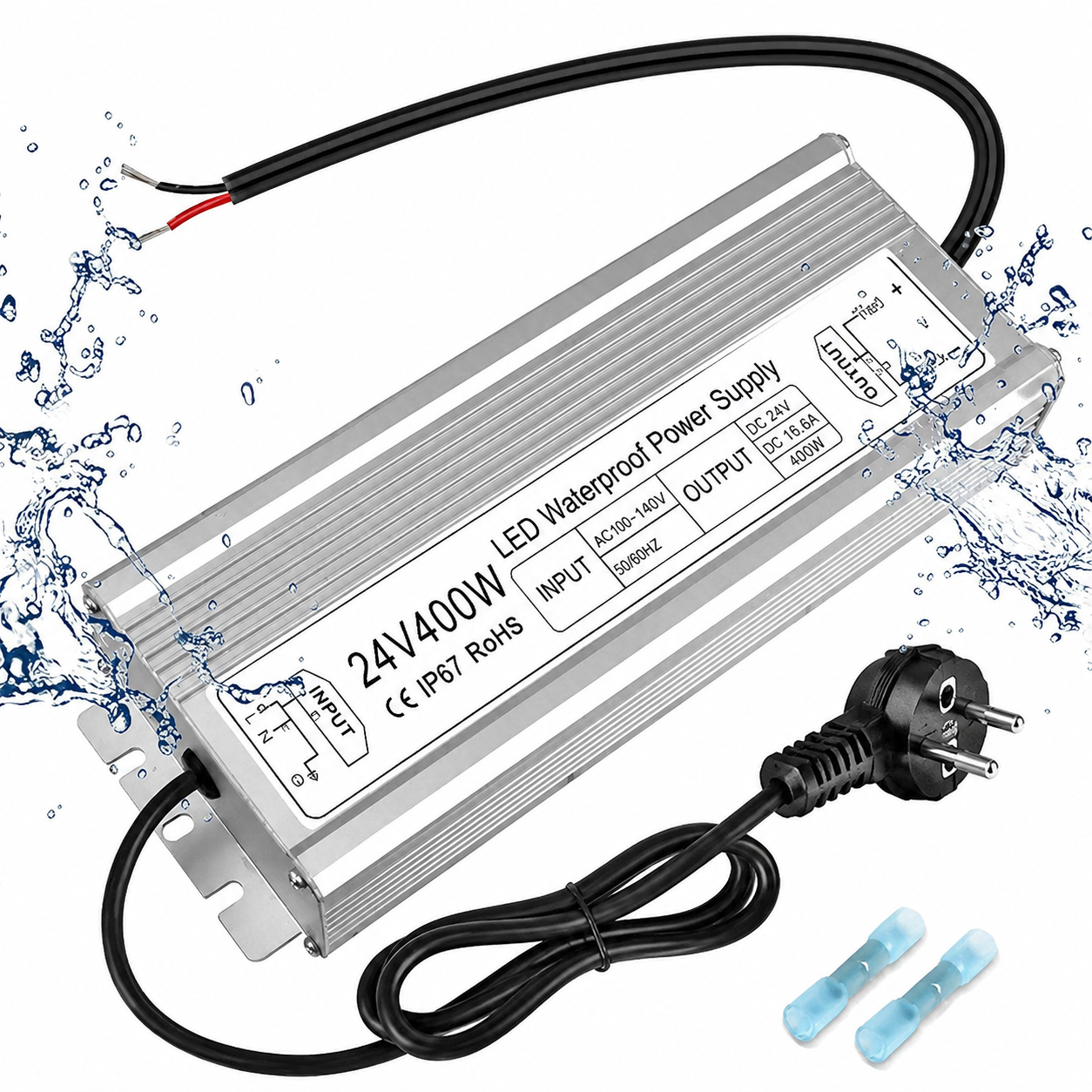 24V Waterproof LED Driver, 175–265V Input, 200W–500W, Single/Dual Wire Output, Aluminum Housing, Outdoor Power Adapter, CE/RoHS/FCC — UK/EU Plug & Wire Leads Options