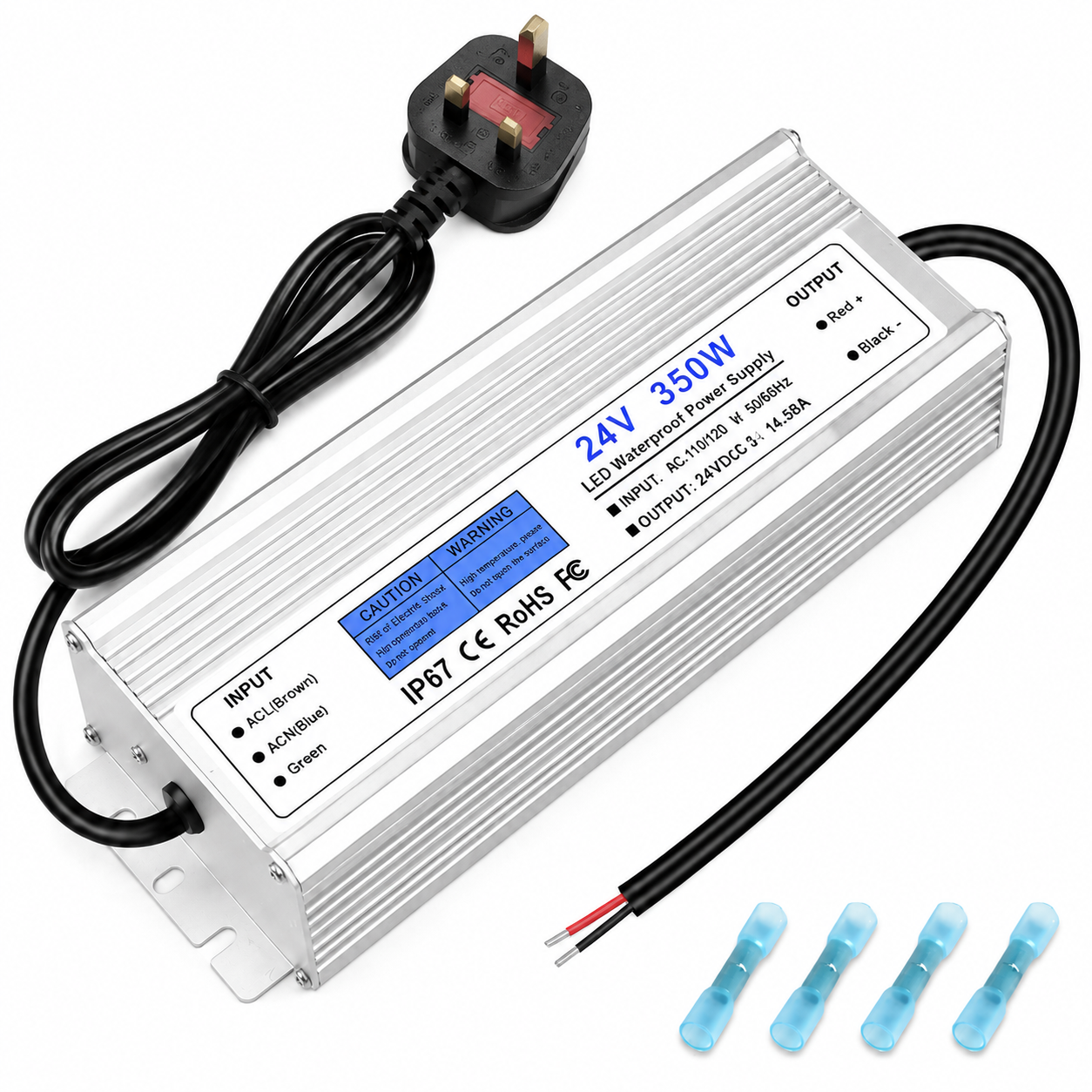 24V Waterproof LED Driver, 175–265V Input, 200W–500W, Single/Dual Wire Output, Aluminum Housing, Outdoor Power Adapter, CE/RoHS/FCC — UK/EU Plug & Wire Leads Options