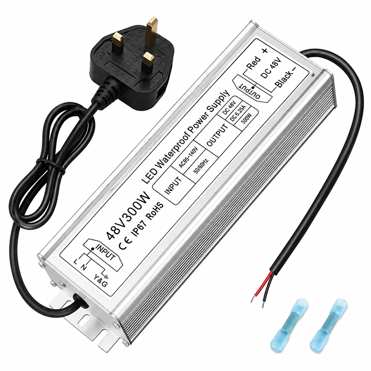 48-V-LED-Netzteil, 175–265 V Eingang, 100–400 W, Konstantspannungstransformator, IP67 wasserdichtes SMPS, CE/RoHS/FCC – UK/EU-Stecker und Kabeloptionen