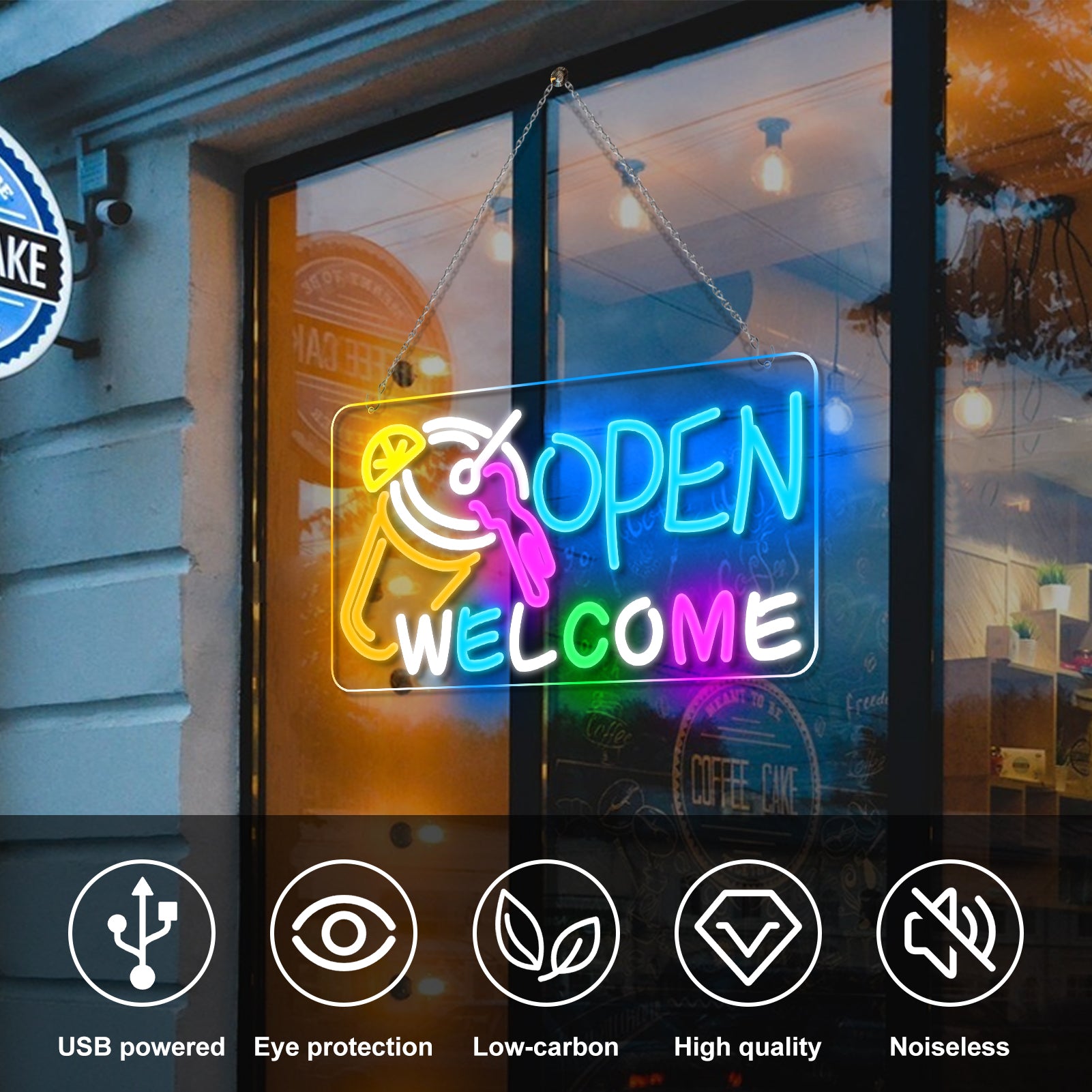 Neonschild „OPEN WELCOME“ – USB-betrieben | 41×23 cm (16×9 Zoll) | Mehrfarbiges Leuchten | LED-Fensterlicht mit Cocktail-Design für Bar, Café, Schaufenster