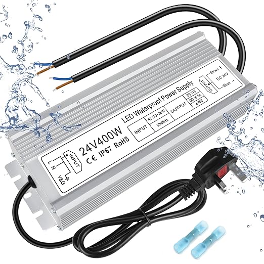 24V Waterproof LED Driver, 175–265V Input, 200W–500W, Single/Dual Wire Output, Aluminum Housing, Outdoor Power Adapter, CE/RoHS/FCC — UK/EU Plug & Wire Leads Options